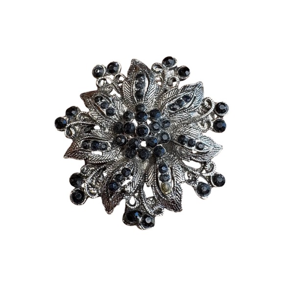 Vintage Black Rhinestone Silver-Tone Flower Brooch Pin Mid-Century Grandma Chic - Picture 2 of 4